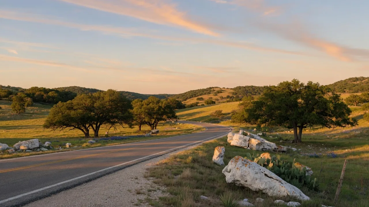A scenic two-lane road winding through the Texas Hill Country with rolling green hills, live oak trees, and wide open sky — errands take longer here but the drive is part of the lifestyle