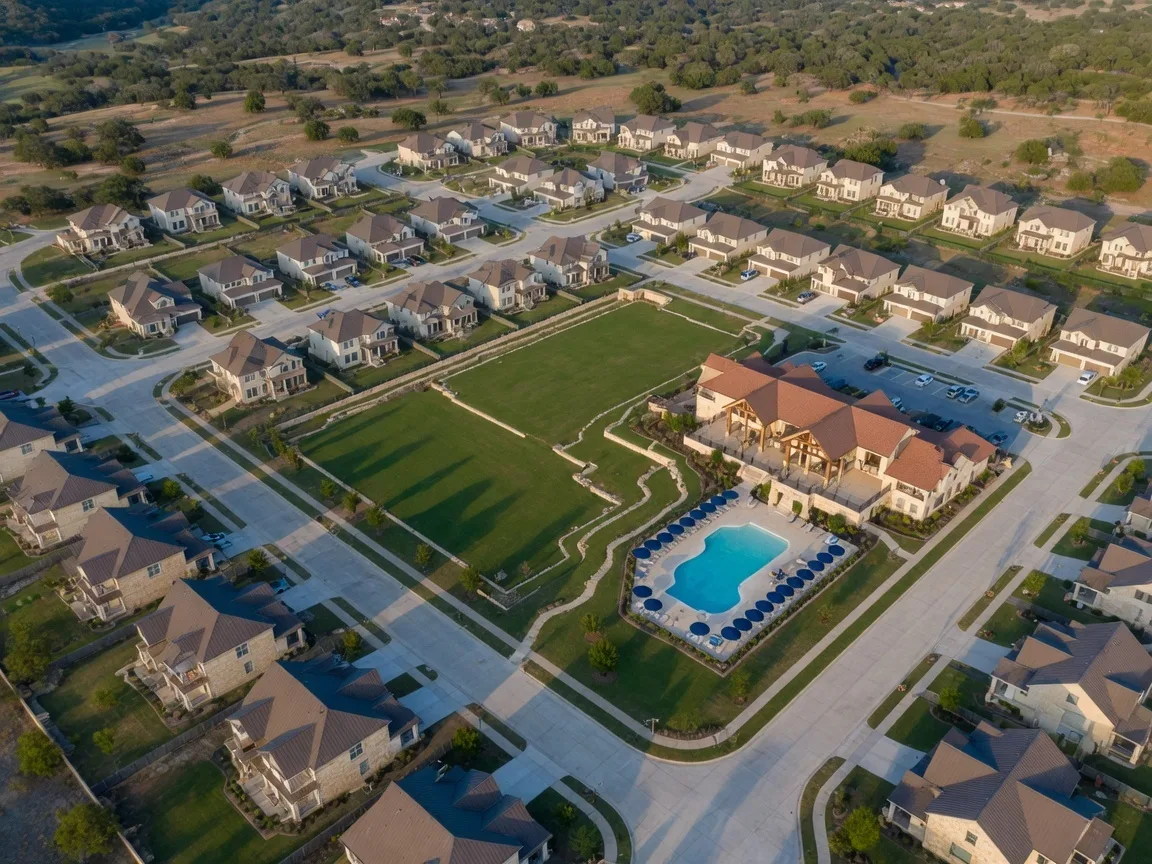 Aerial view of a planned Texas Hill Country HOA community showing uniform architectural styles, green common areas, a community pool, and a limestone clubhouse