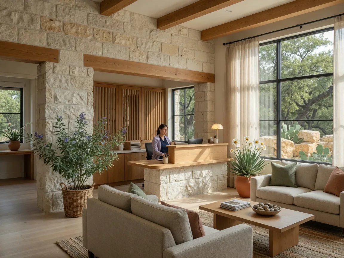 Modern medical clinic reception area with warm wood accents, limestone walls, and comfortable seating
