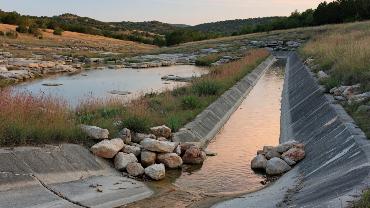 Stormwater drainage channel and detention basin in the Texas Hill Country managing runoff across rolling limestone terrain — the water control infrastructure that a Water Control and Improvement District manages