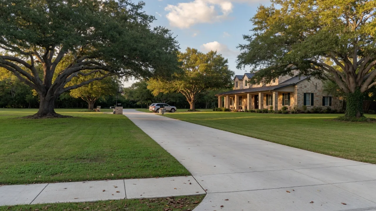 A long concrete driveway leading to a Texas Hill Country home, with mature live oaks and generous setback from the street — the kind of space that catches California transplants off guard