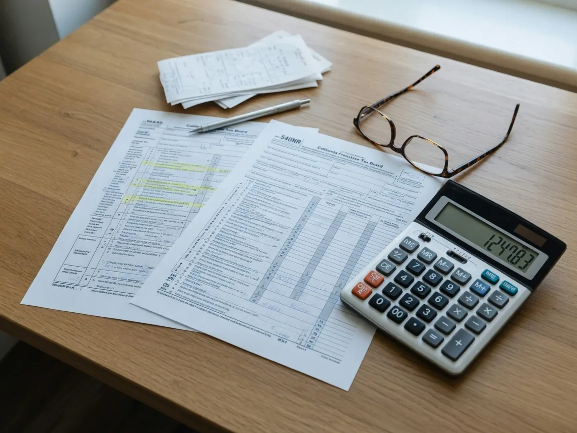 Tax documents and a calculator on a wooden desk with reading glasses, representing multi-state tax filing preparation