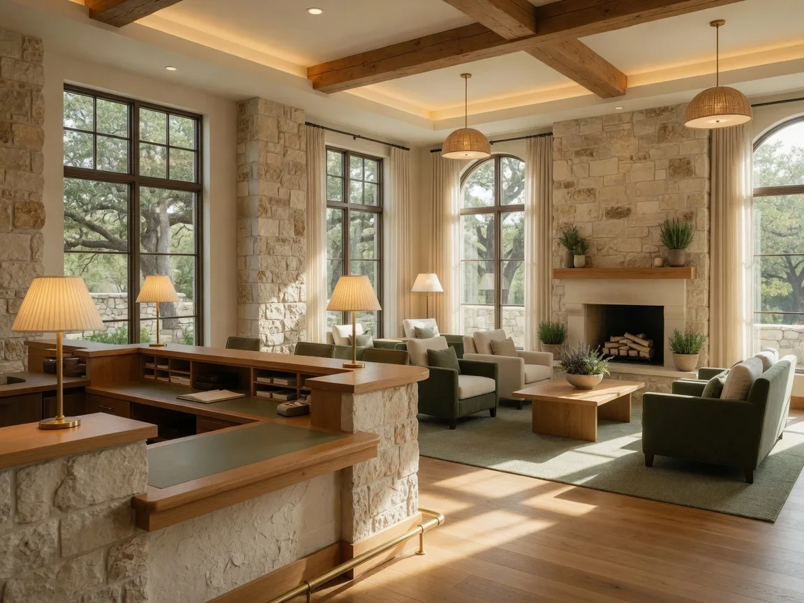 A warm, modern bank interior with wood and stone accents representing a Texas-based financial institution where new residents can open accounts to establish domicile