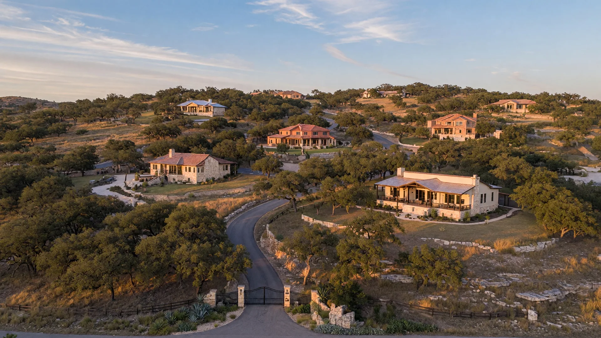 Miralomas community in Boerne, Texas — rolling Hill Country terrain with live oaks and ranch-style homes