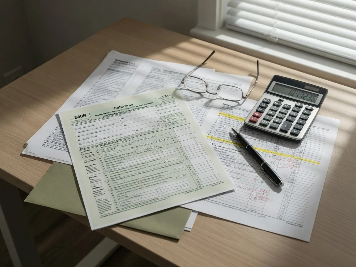Tax documents and a California Form 540NR on a desk with calculator and reading glasses