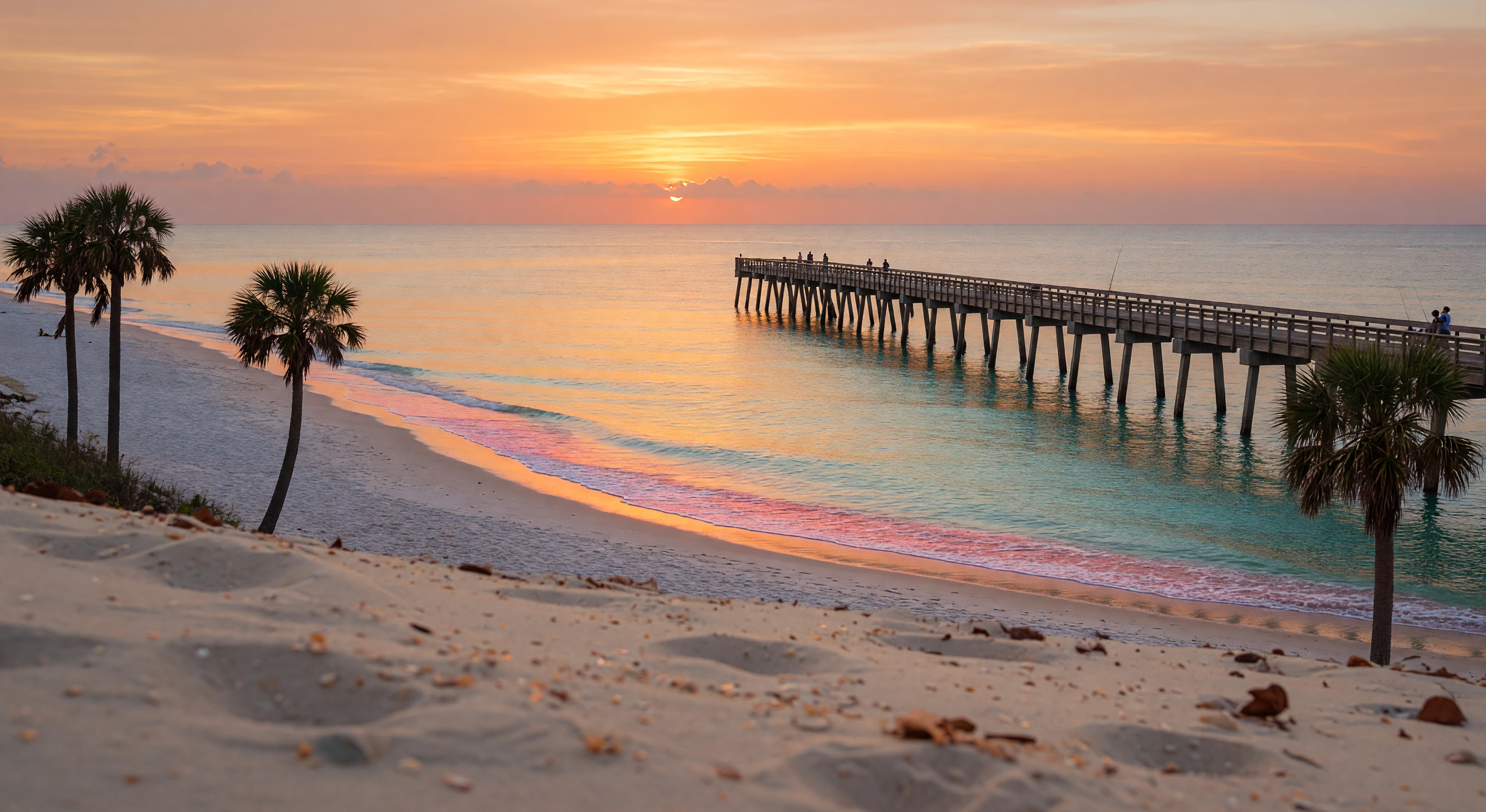 Waterfront dining at sunset on the Gulf coast with string lights and tropical atmosphere