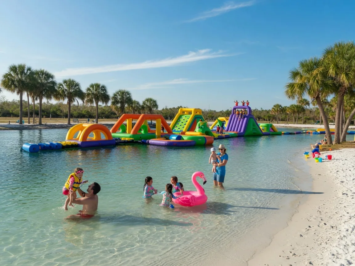 SunWest Park in Hudson, Florida with spring-fed lake, white sand beach, and aqua park floating obstacle course