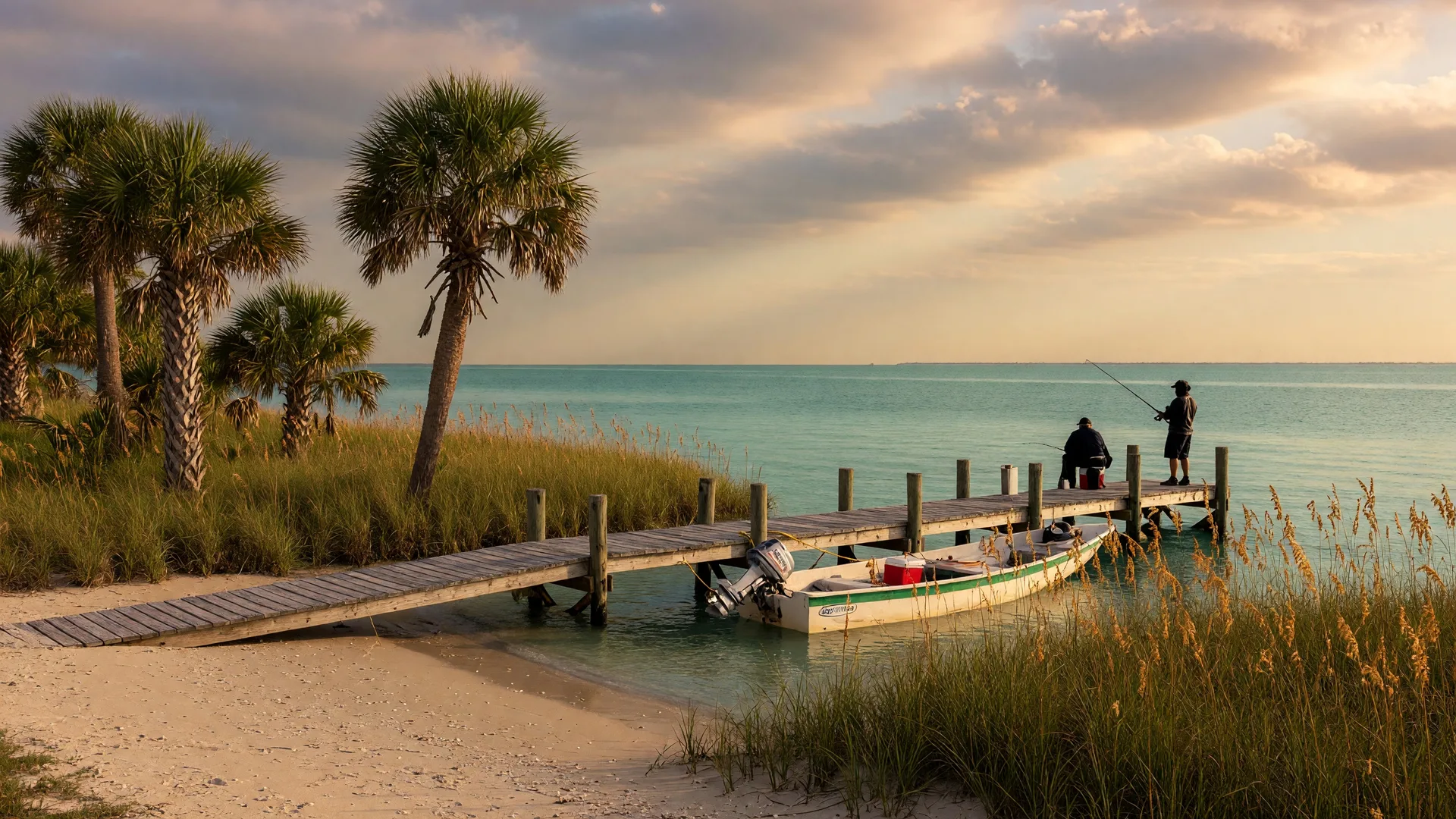 Peaceful late summer beach scene near Hudson Beach, Florida with a wooden dock extending into calm Gulf waters at golden hour