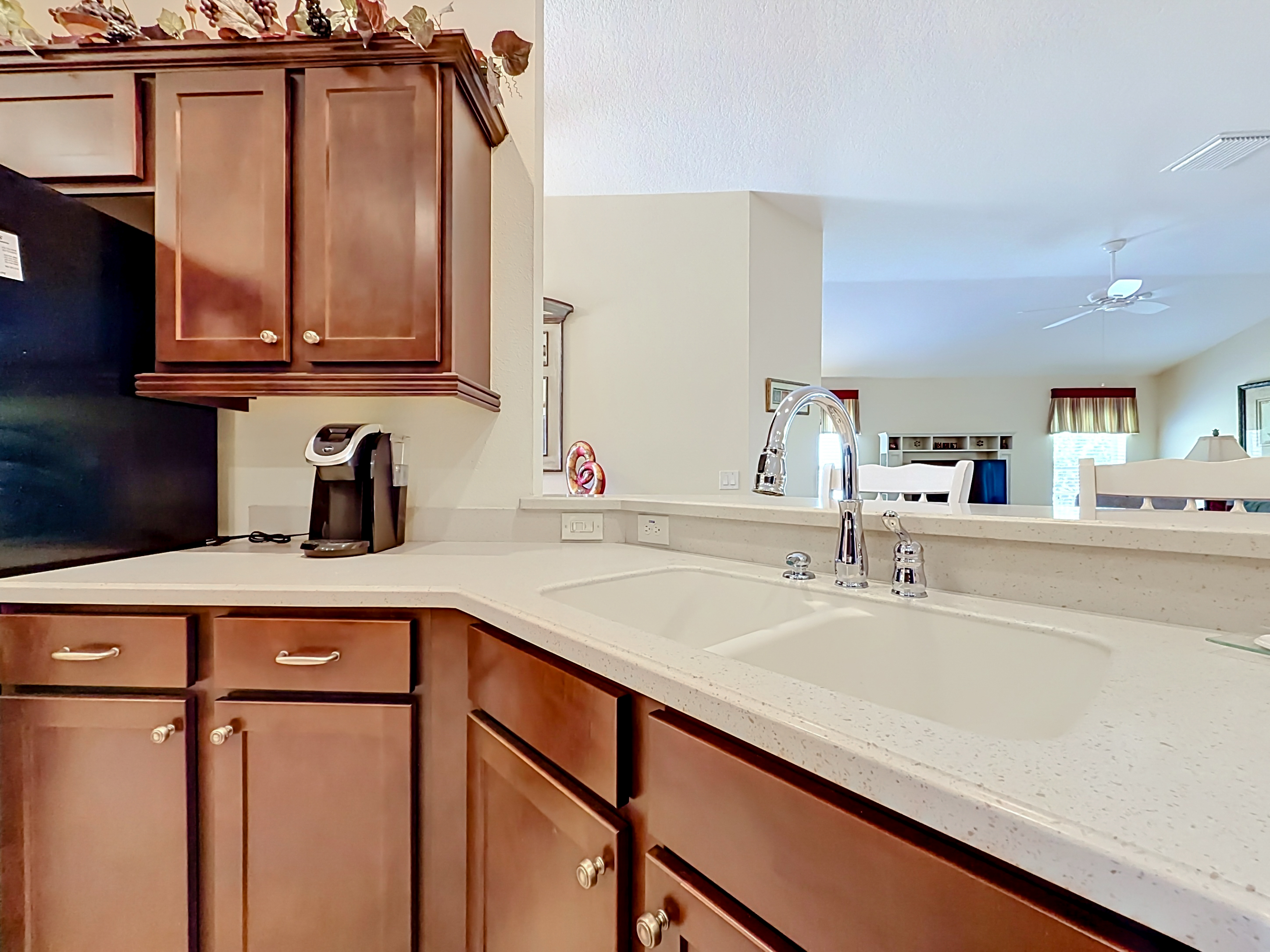 Kitchen sink peninsula looking into the living area