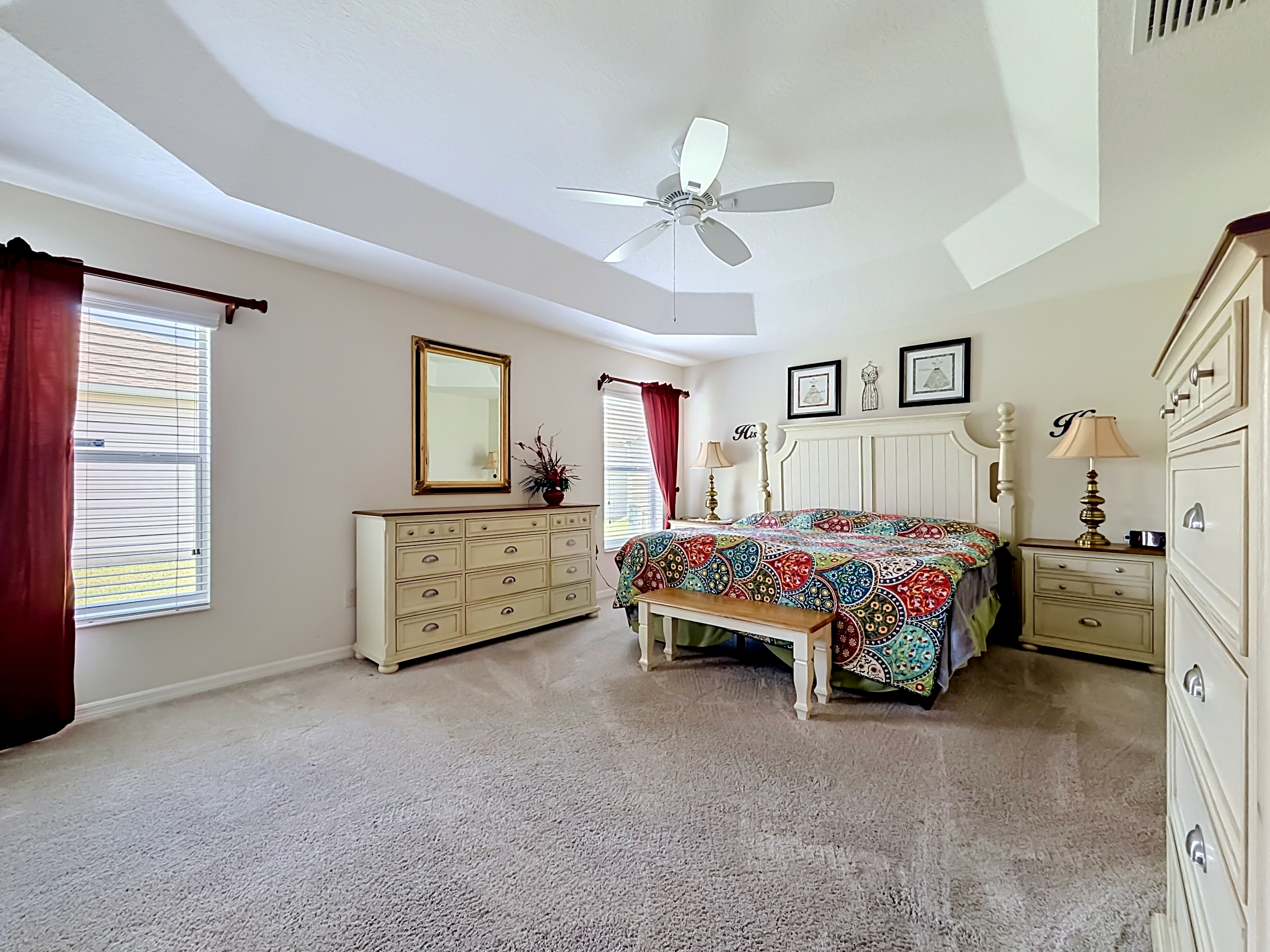 Master bedroom with tray ceiling, natural daylight, and carpeted flooring