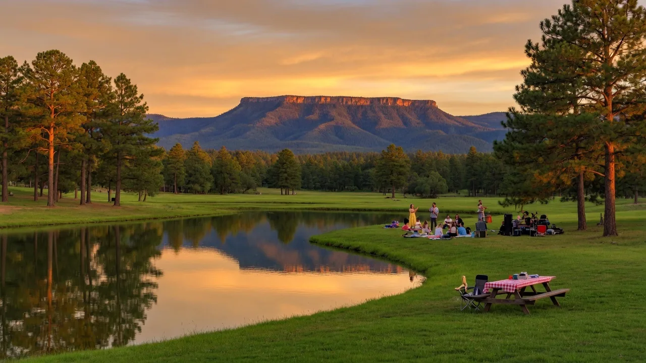 Golden hour at Green Valley Park in Payson, Arizona with Ponderosa pines and the Mogollon Rim in the distance