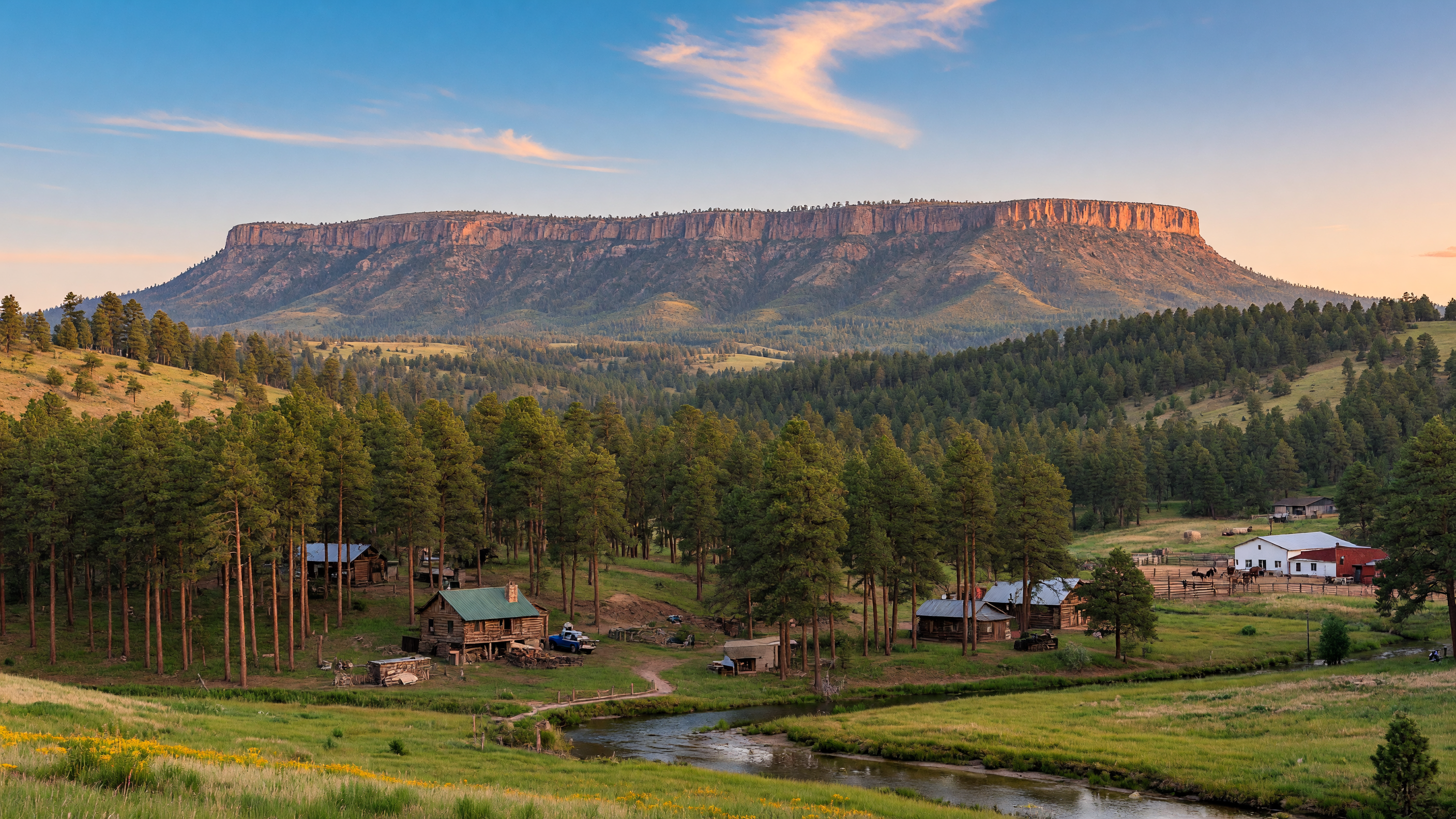 Panoramic view of Star Valley, Arizona with Ponderosa pine forest, scattered cabins, and mountain terrain along the Tonto Creek corridor