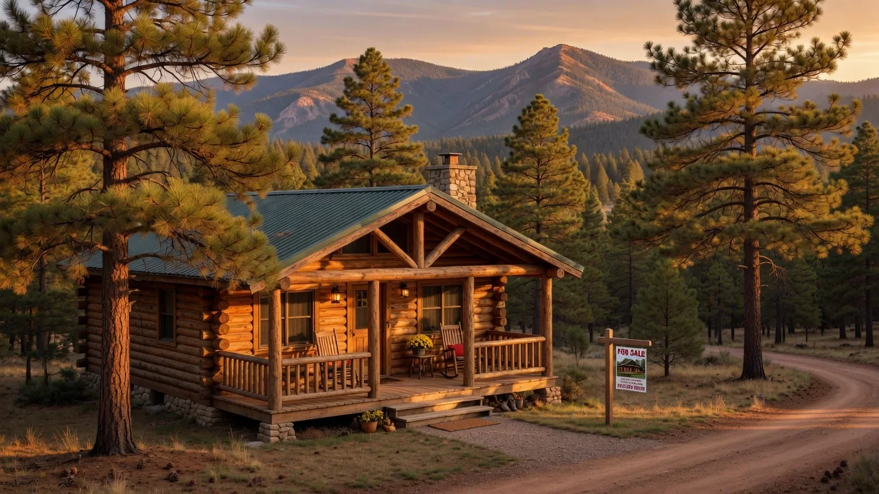 A cozy mountain cabin with a welcoming porch surrounded by Ponderosa pine trees in Rim Country Arizona