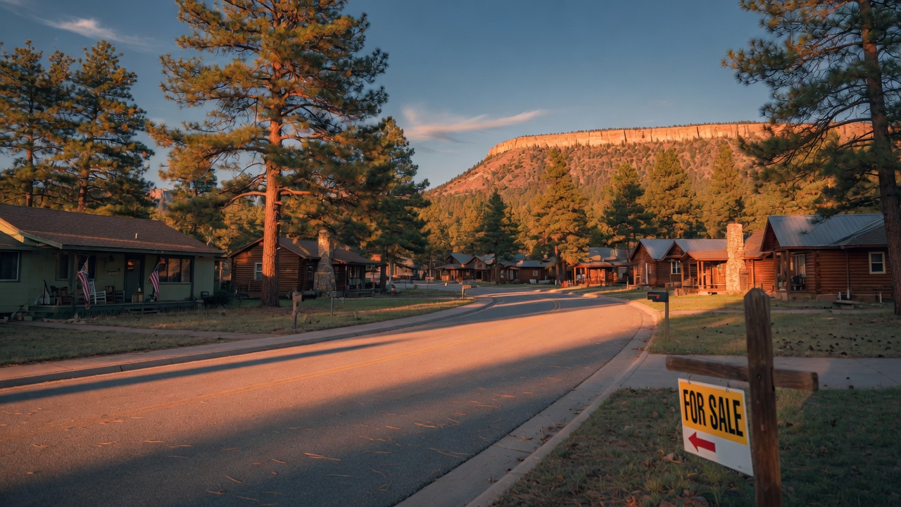 Residential street with homes and Ponderosa pine trees in Payson, Arizona during golden hour with the Mogollon Rim in the background