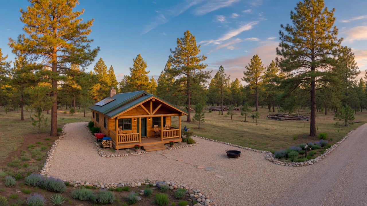 A well-maintained mountain cabin surrounded by defensible space with cleared vegetation and healthy Ponderosa pine trees in Arizona