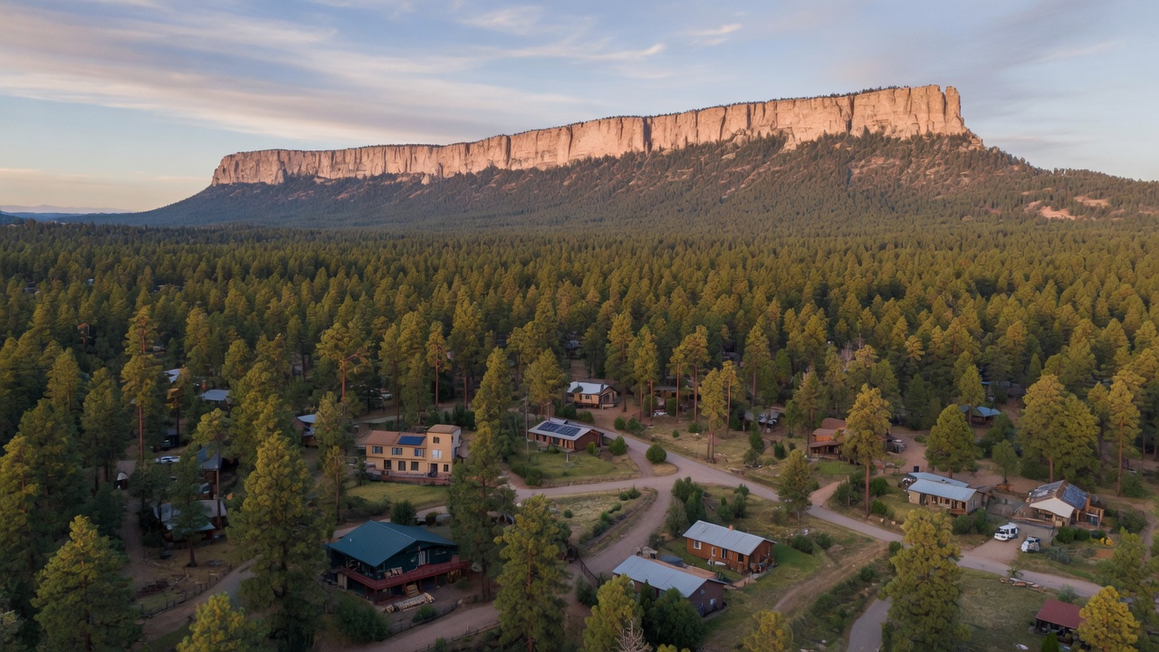 Aerial view of mountain communities and pine forests in Arizona's Rim Country