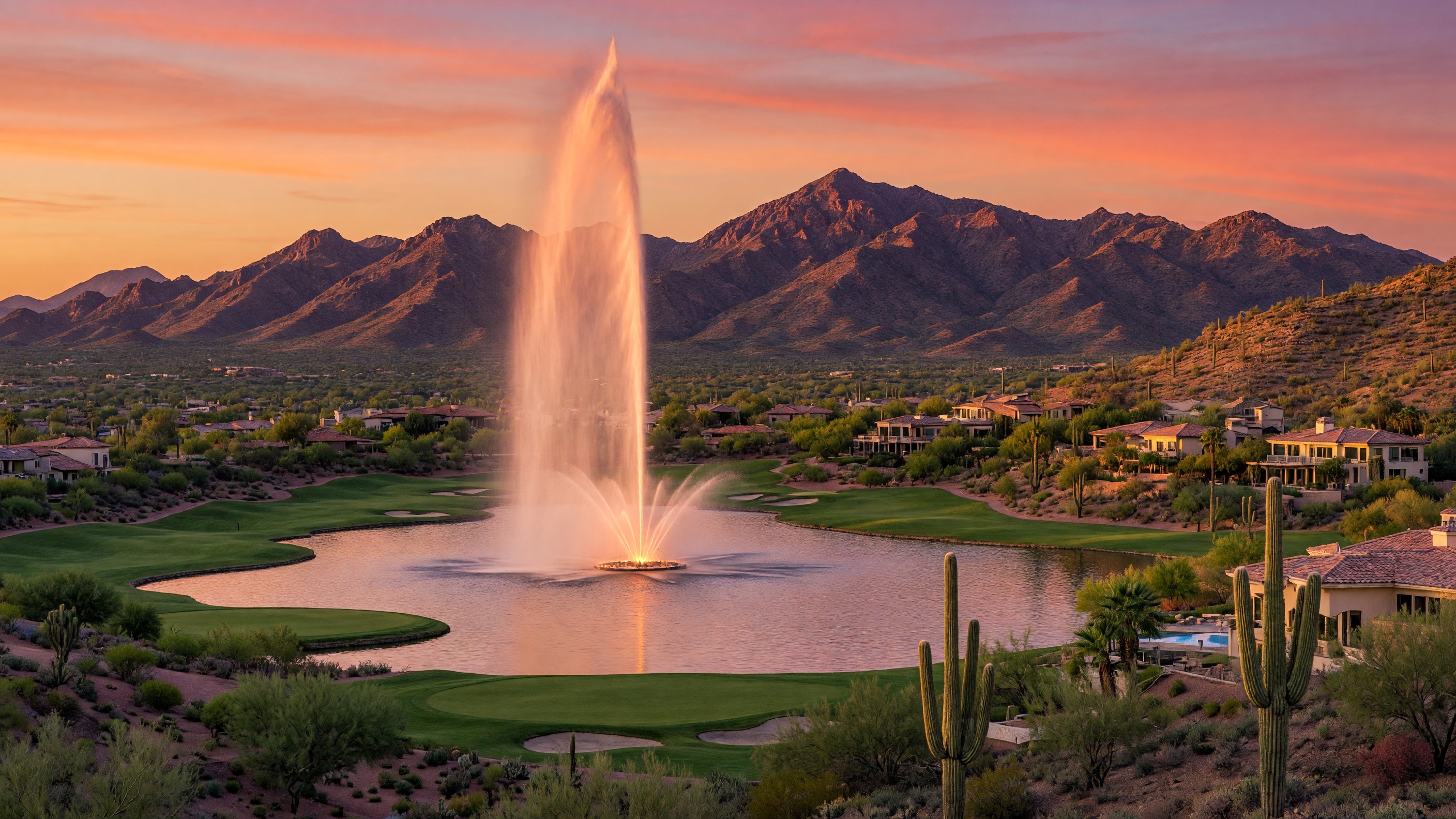 The iconic Fountain Hills fountain rising above the desert lake with McDowell Mountains in the background at golden hour