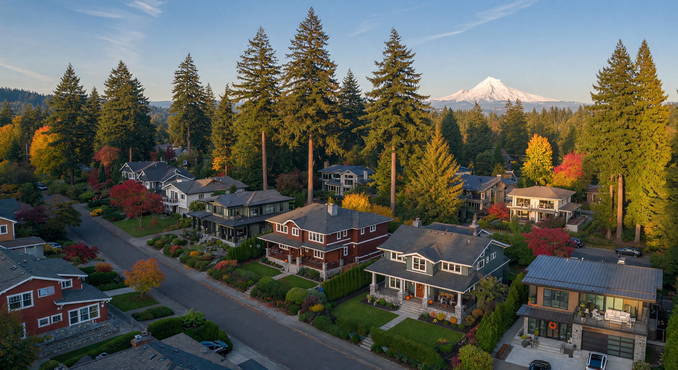 Aerial view of a Pacific Northwest neighborhood with homes among tall evergreen trees and Mount Hood in the background