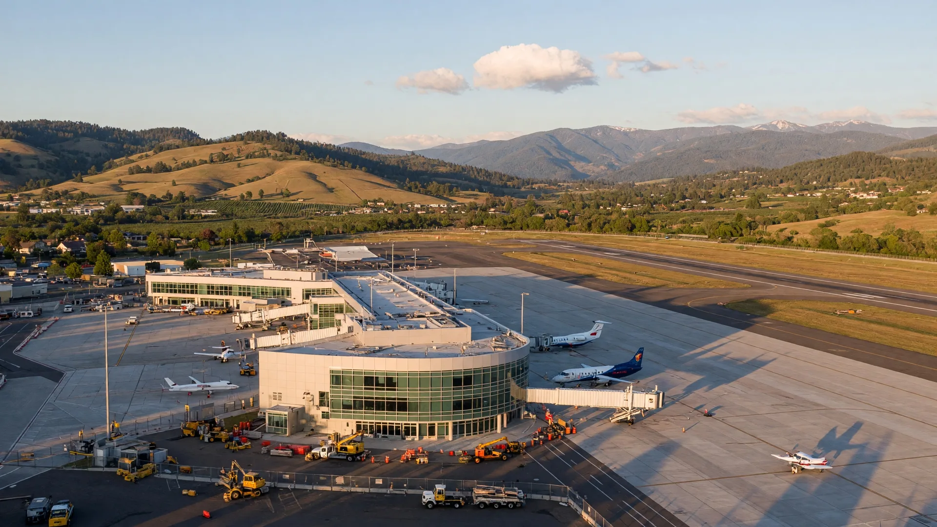 Aerial view of Rogue Valley International-Medford Airport with Rogue Valley mountains in the distance
