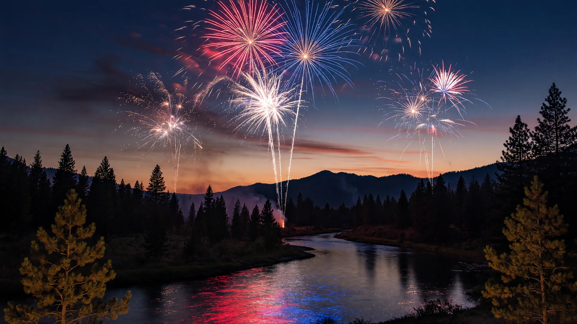 Colorful Fourth of July fireworks reflecting over a Southern Oregon river at dusk