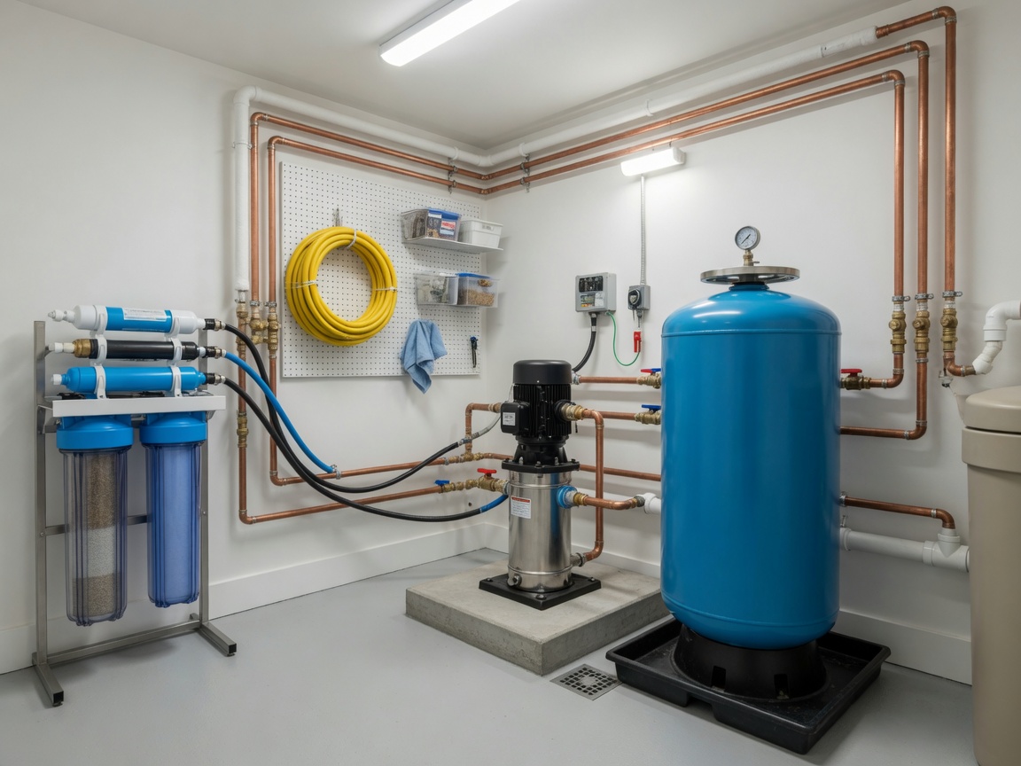 Residential well pump and pressure tank system in a clean utility room