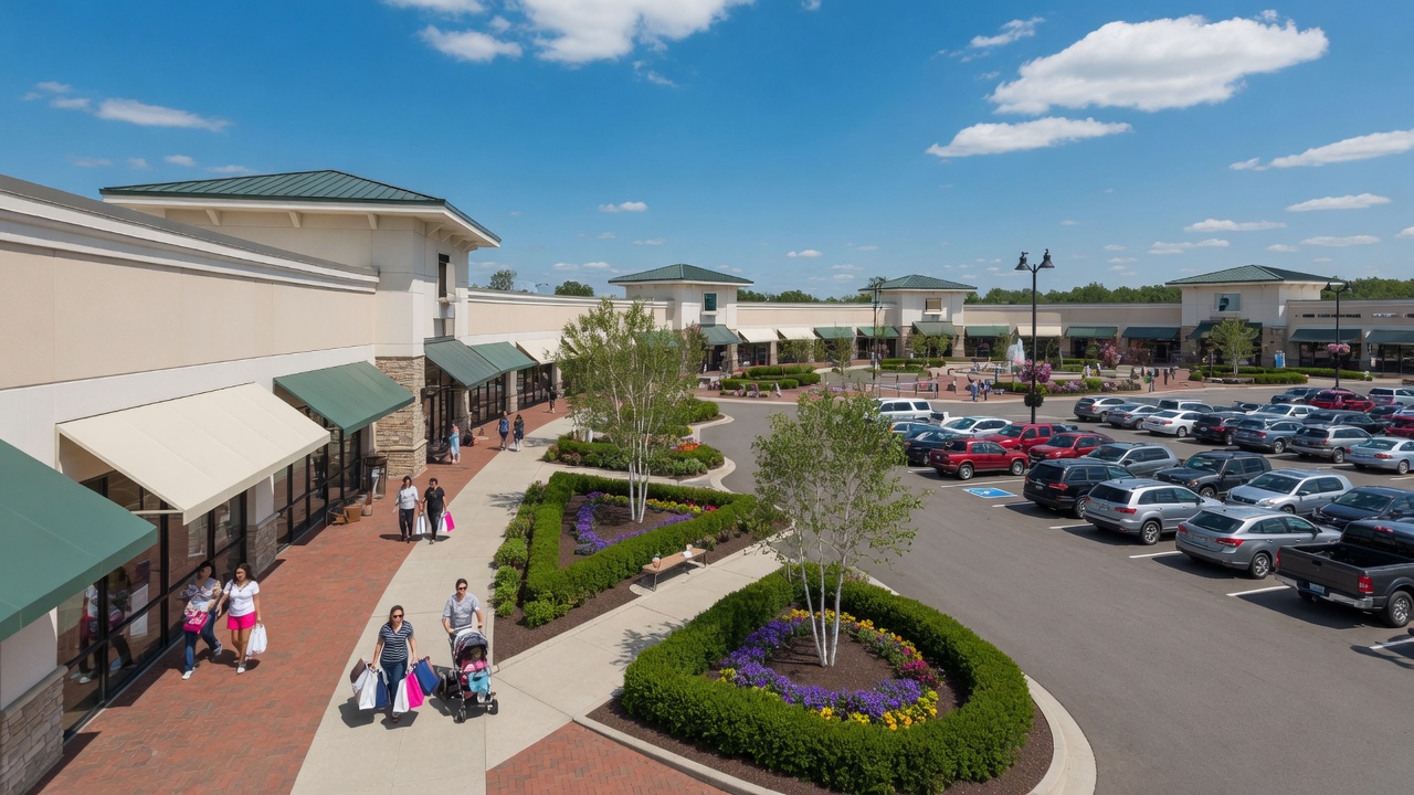 Birch Run Premium Outlets and surrounding shopping area in Michigan on a bright day