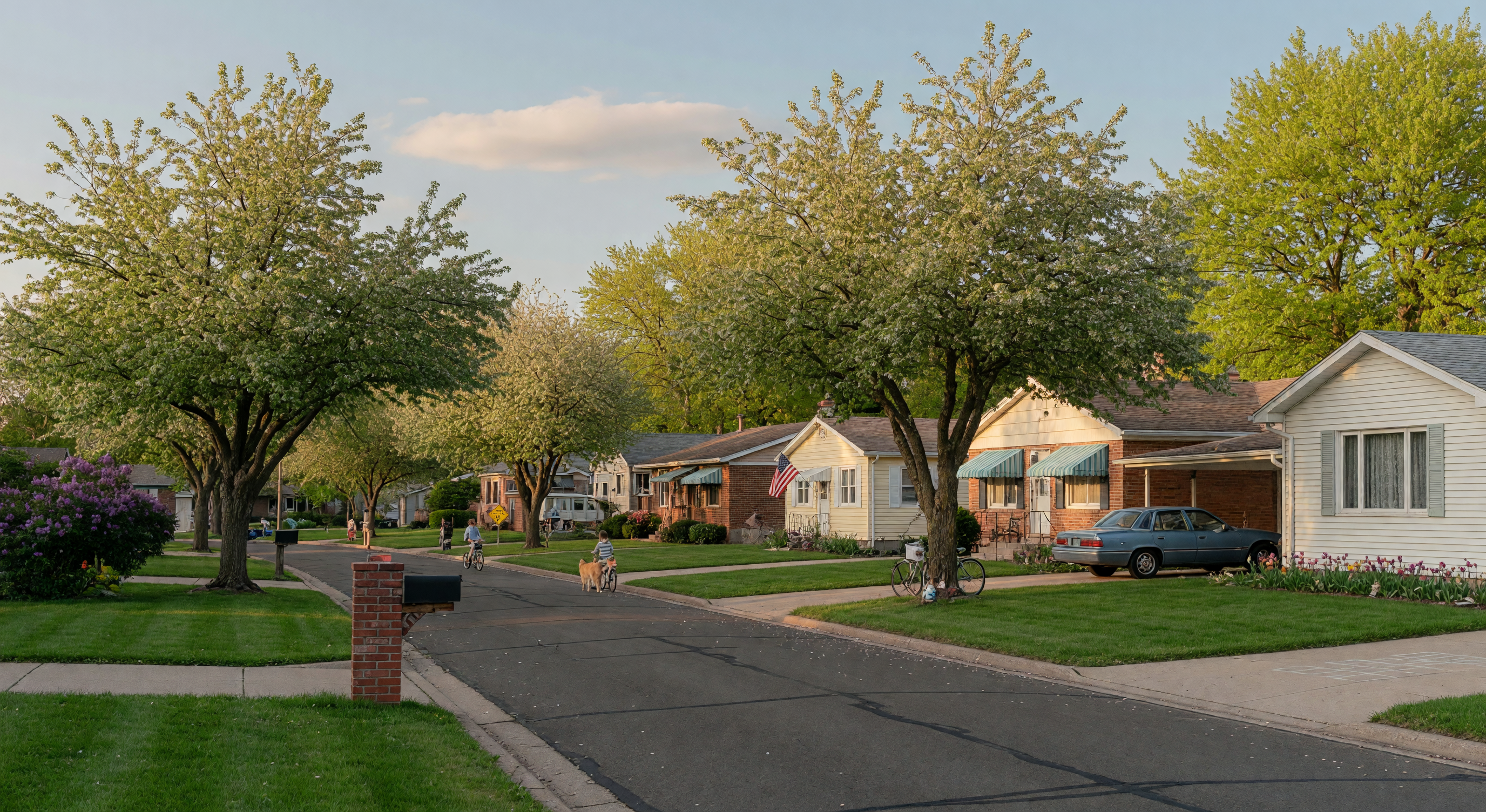 Residential street in Clio, Michigan with mature trees, well-kept homes, and a quiet neighborhood atmosphere