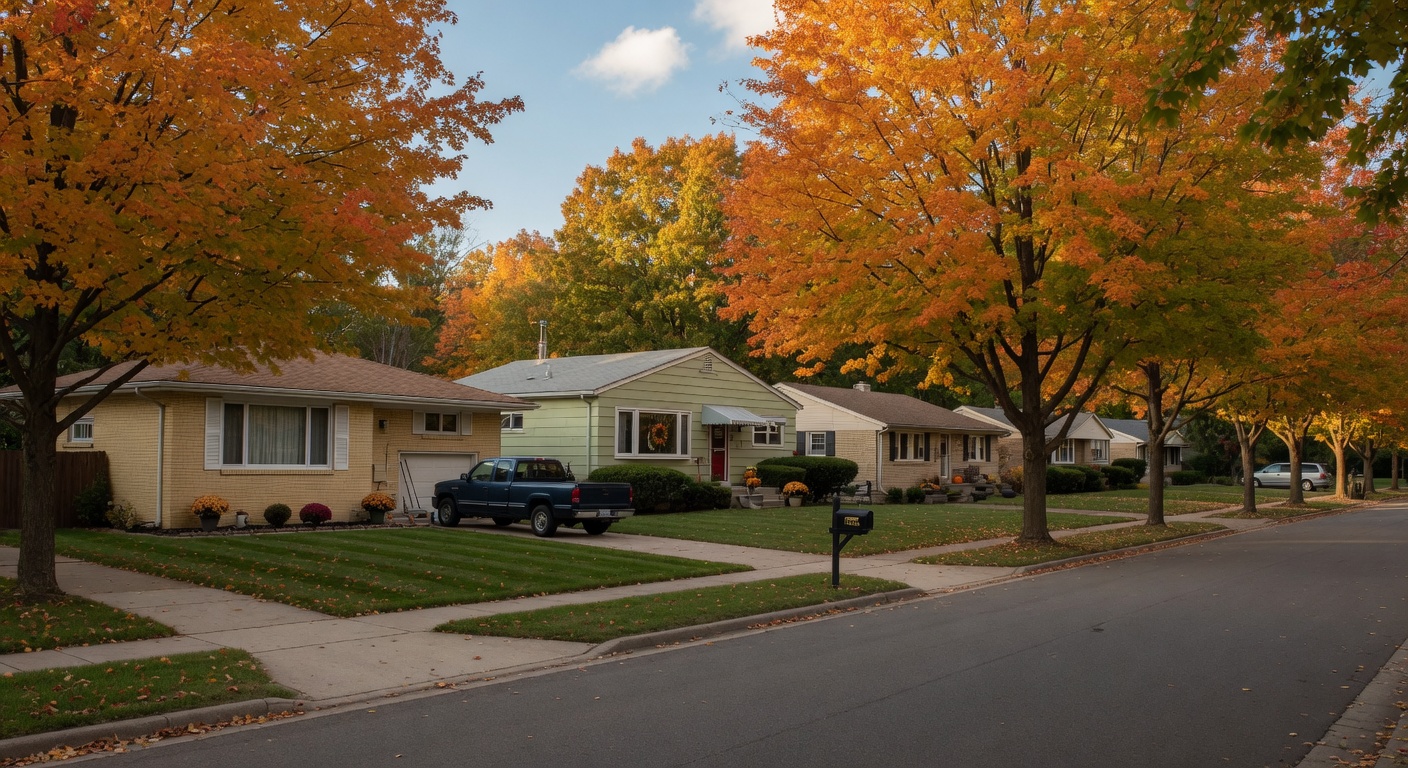 Tree-lined residential street in Swartz Creek, Michigan with well-kept homes and mature shade trees