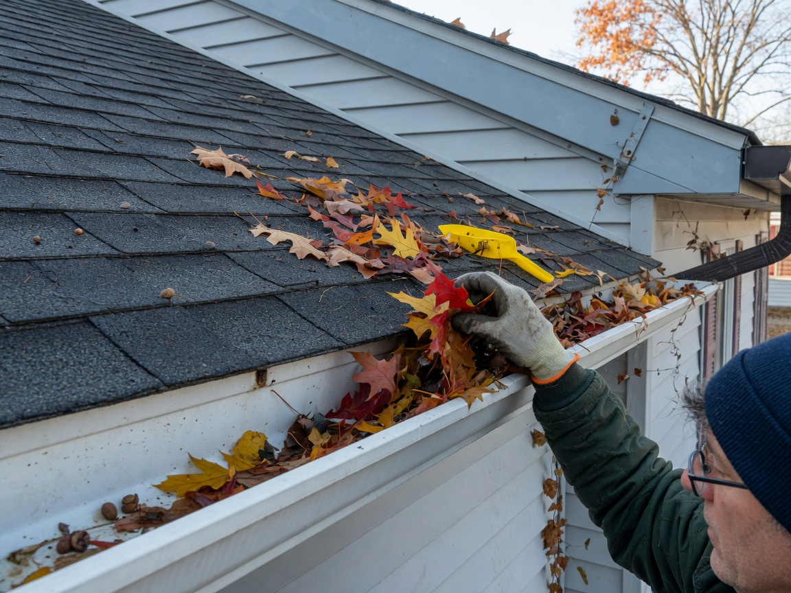 Homeowner clearing fall leaves from gutters in preparation for Michigan winter