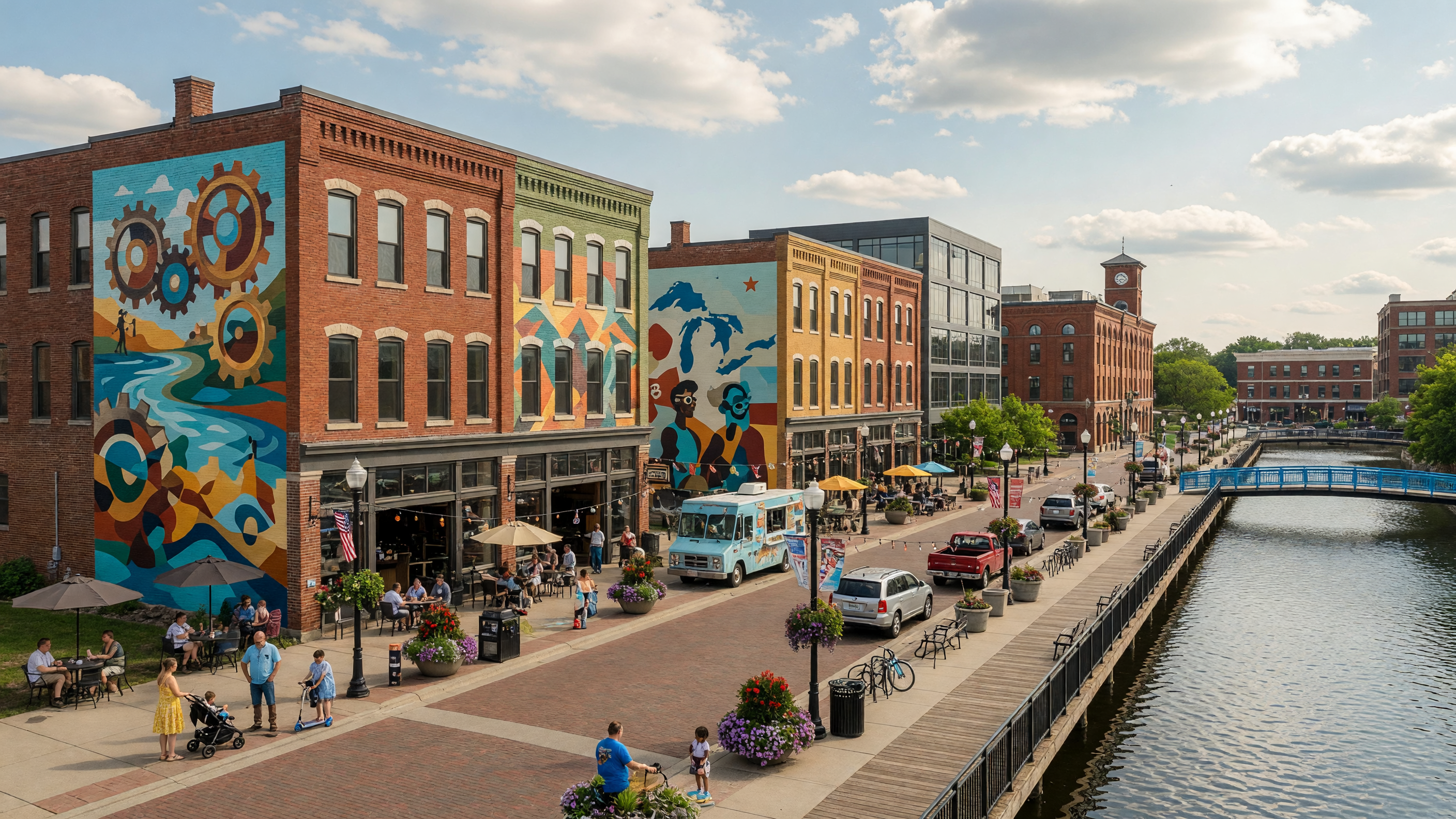 Pontiac Michigan downtown renaissance area with renovated buildings and urban renewal