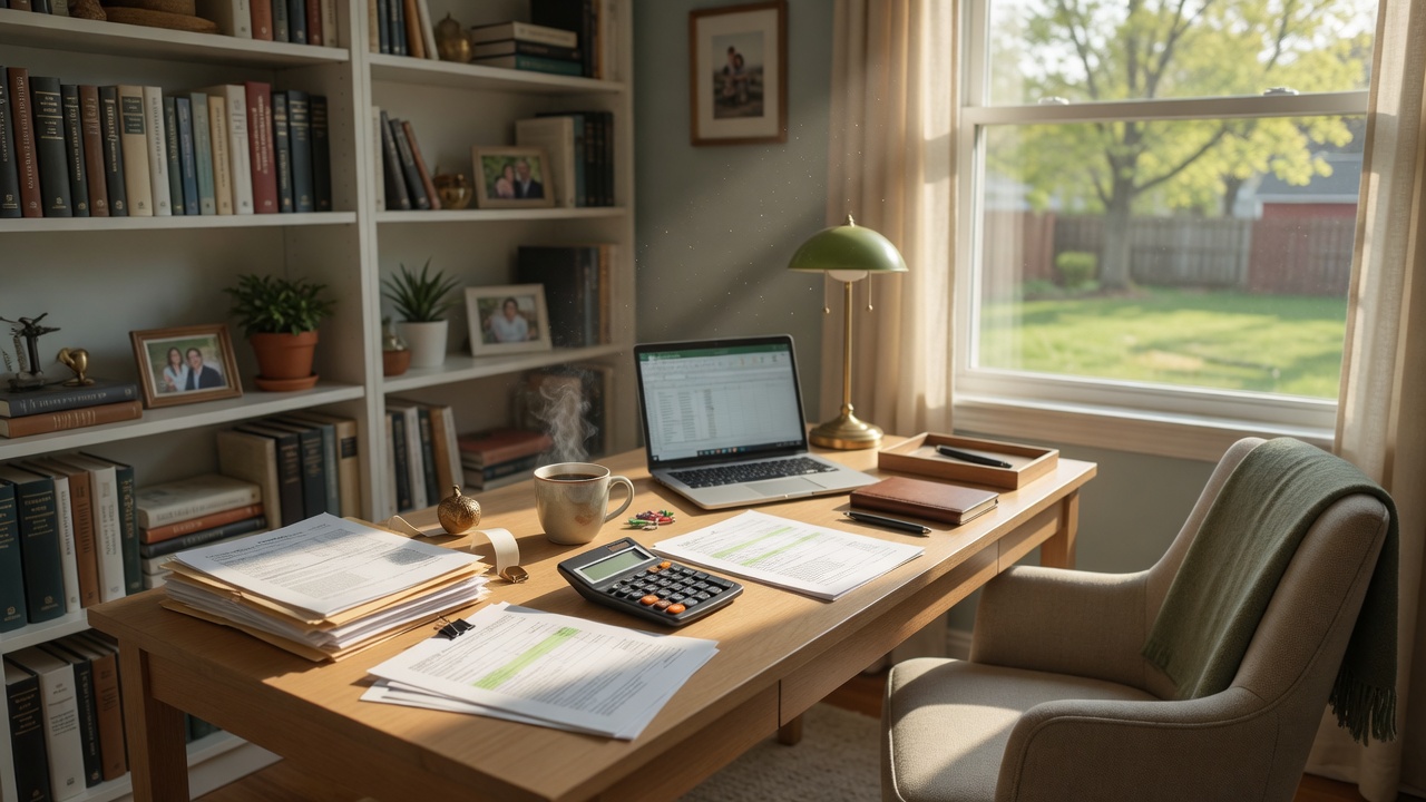 Bright home office with financial documents bathed in morning sunlight