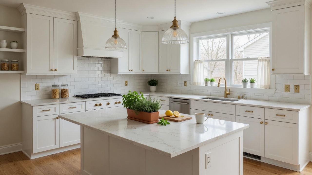 Beautifully renovated kitchen with quartz countertops and white shaker cabinets