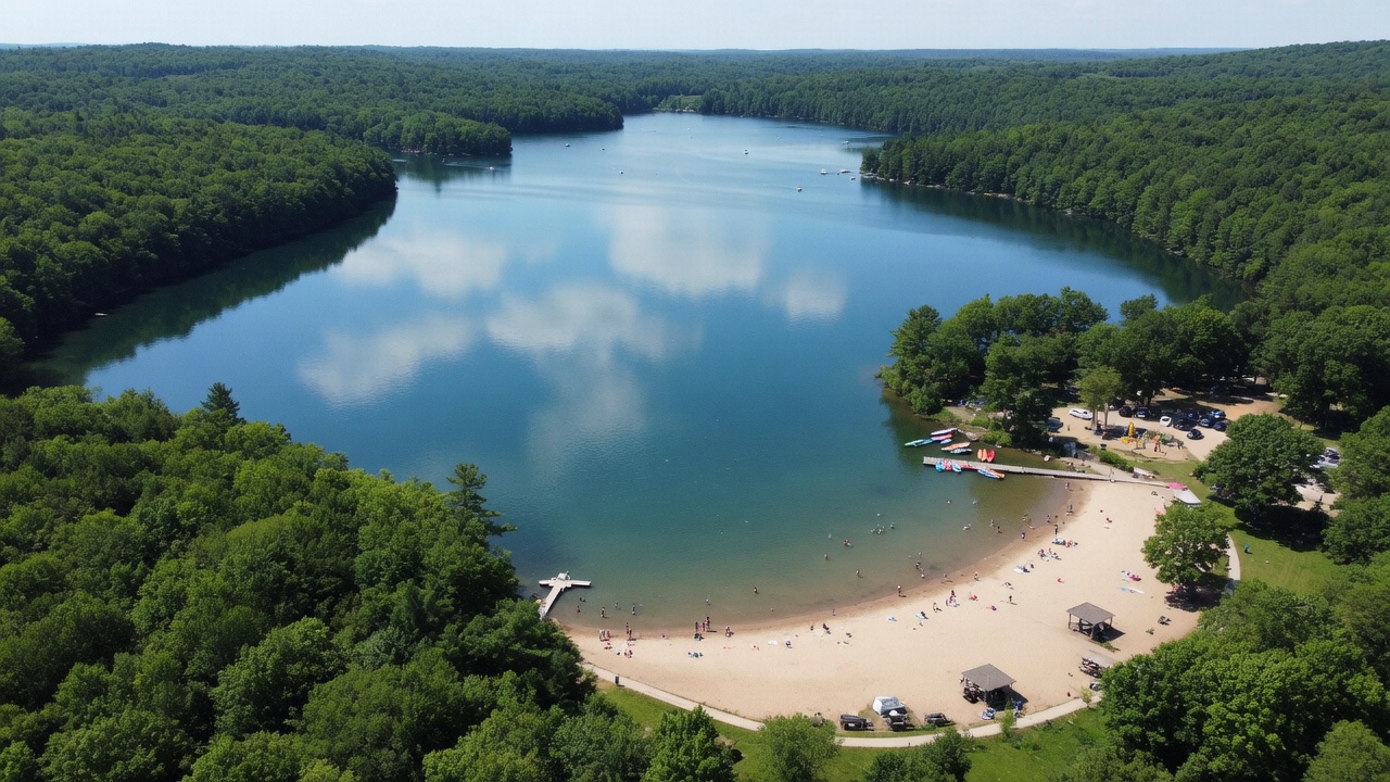 Aerial view of Silver Lake in Holly Michigan surrounded by green forest
