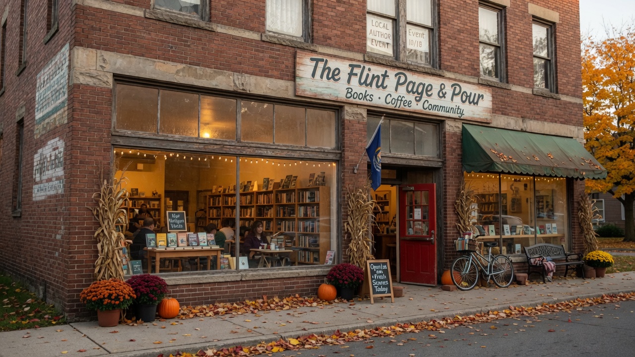 The welcoming storefront of Totem Books, an independent bookstore and cafe on West Court Street in Flint, Michigan