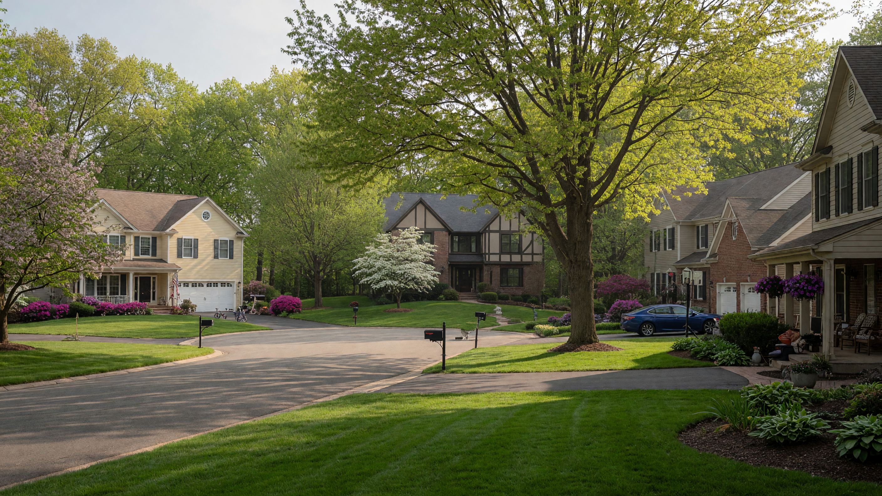 Residential neighborhood in Farmington Hills Michigan with spacious homes and mature trees