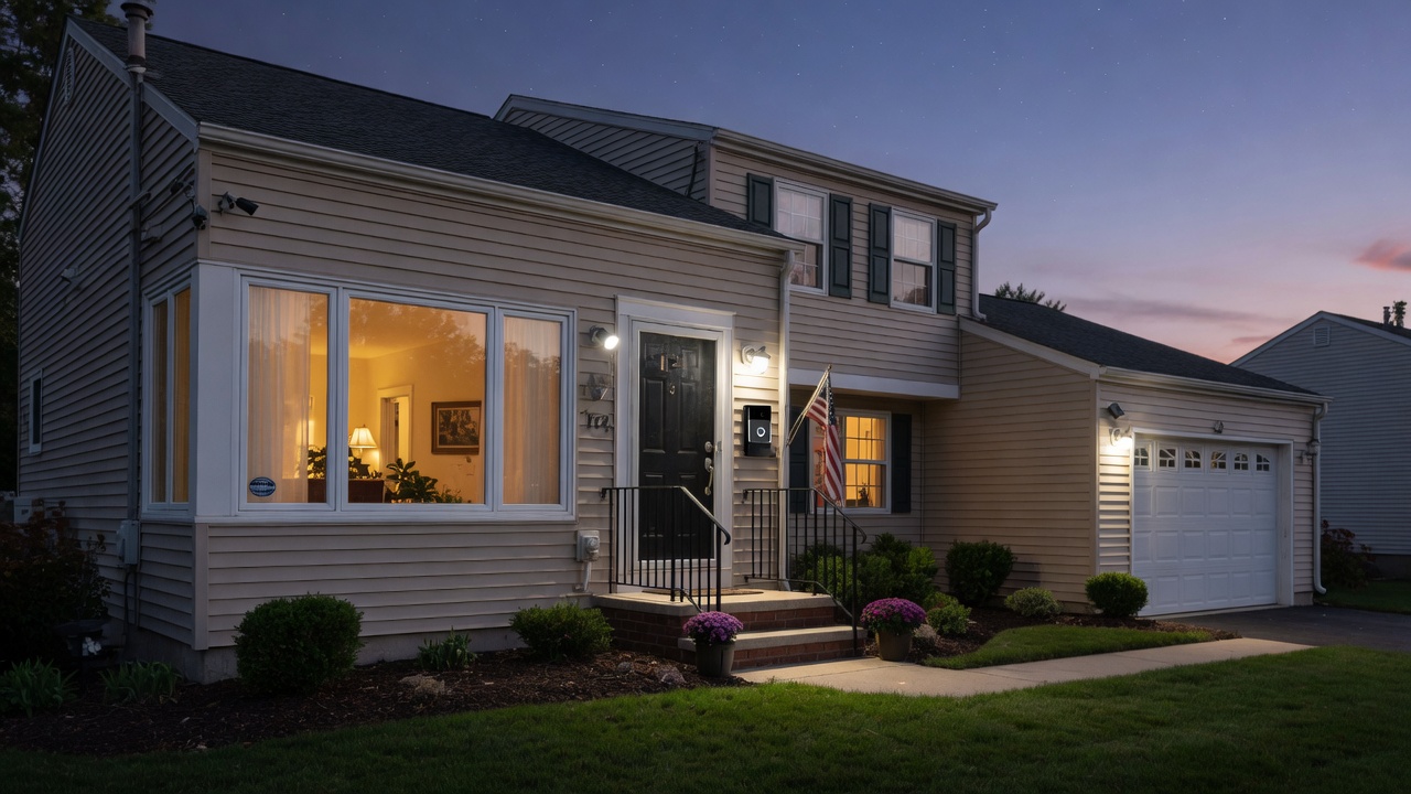 Secure Mid-Michigan home at twilight with warm interior lights