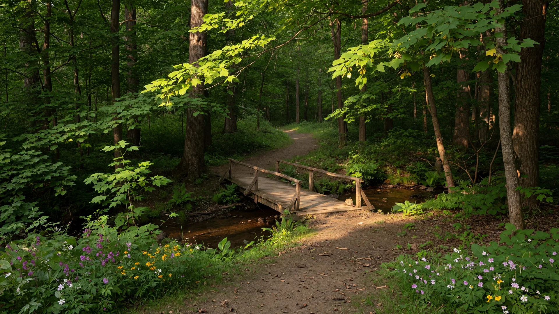 A winding woodland trail through a dense Michigan hardwood forest at For-Mar Nature Preserve, with dappled sunlight filtering through the canopy
