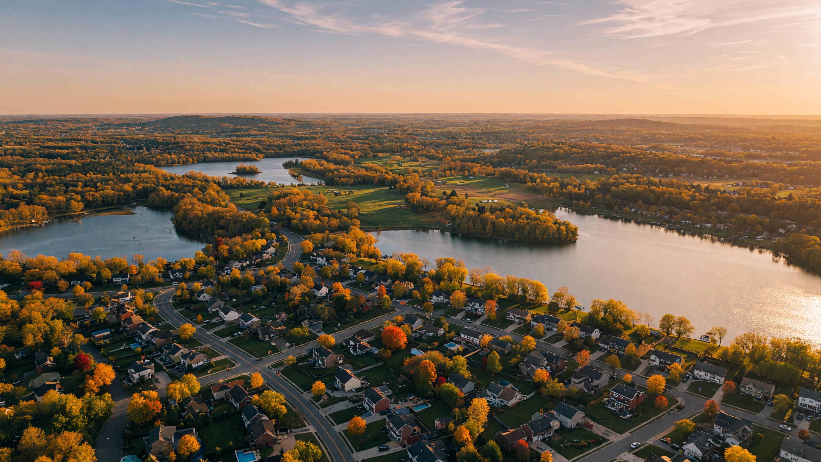 Aerial view of Oakland County Michigan communities and lakes in autumn
