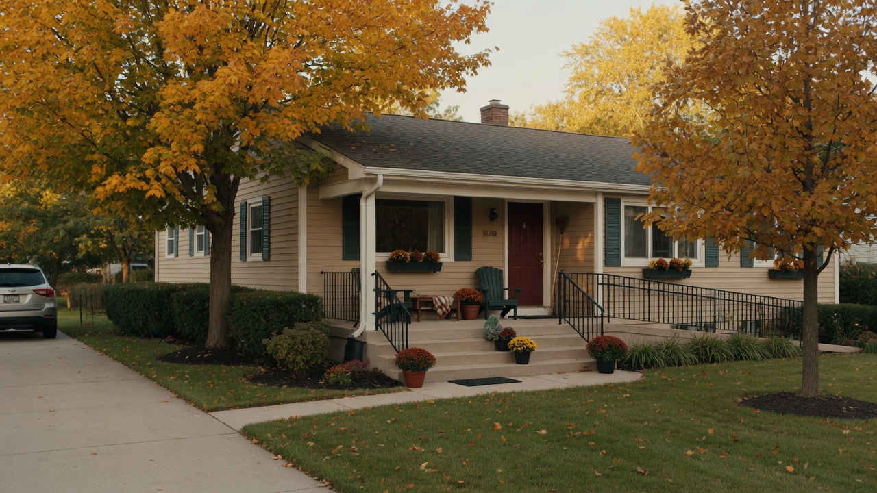 A welcoming ranch-style home in Michigan with autumn foliage and a tidy, low-maintenance front yard