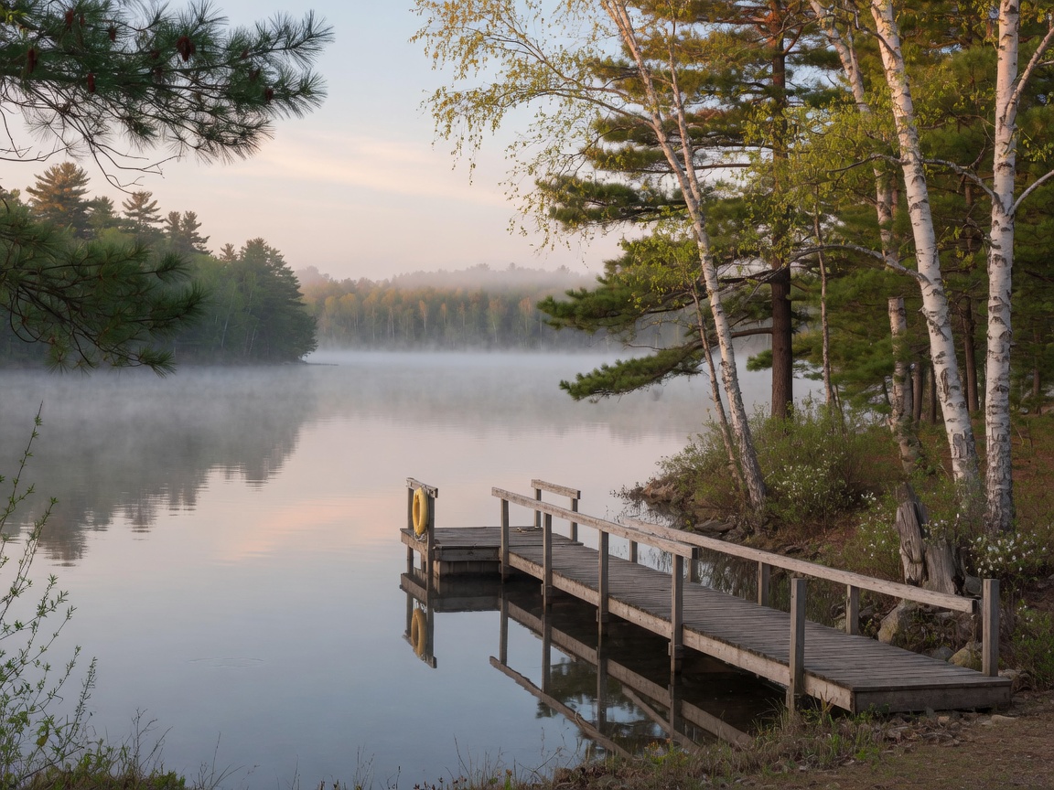 Peaceful lake scene in Groveland Township with tree-lined shore and morning mist