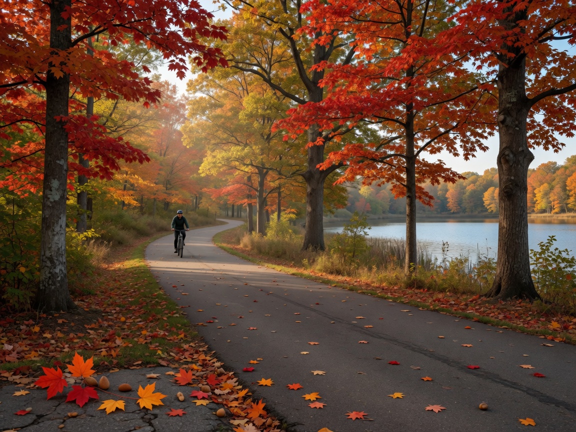Scenic paved trail through Kensington Metropark in Livingston County Michigan during autumn