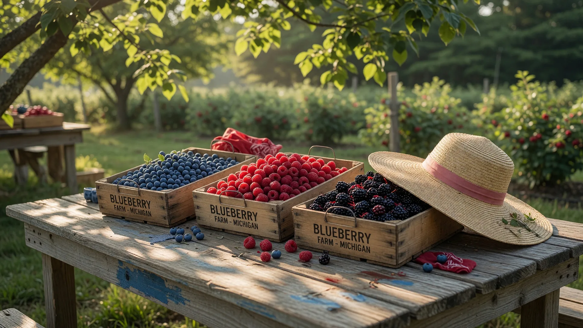 Wooden crates of fresh-picked blueberries, raspberries, and blackberries on a farm table in Michigan