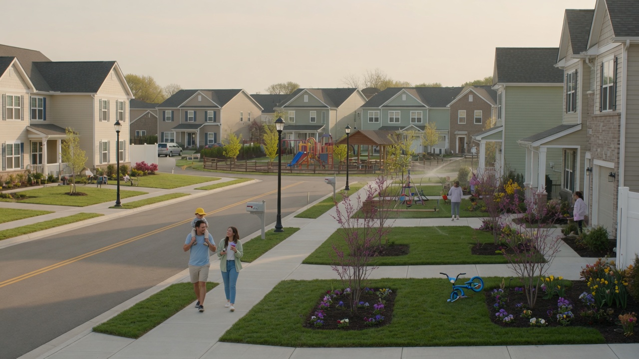 Family-friendly suburban neighborhood in Freeland Michigan with well-kept homes and mature trees