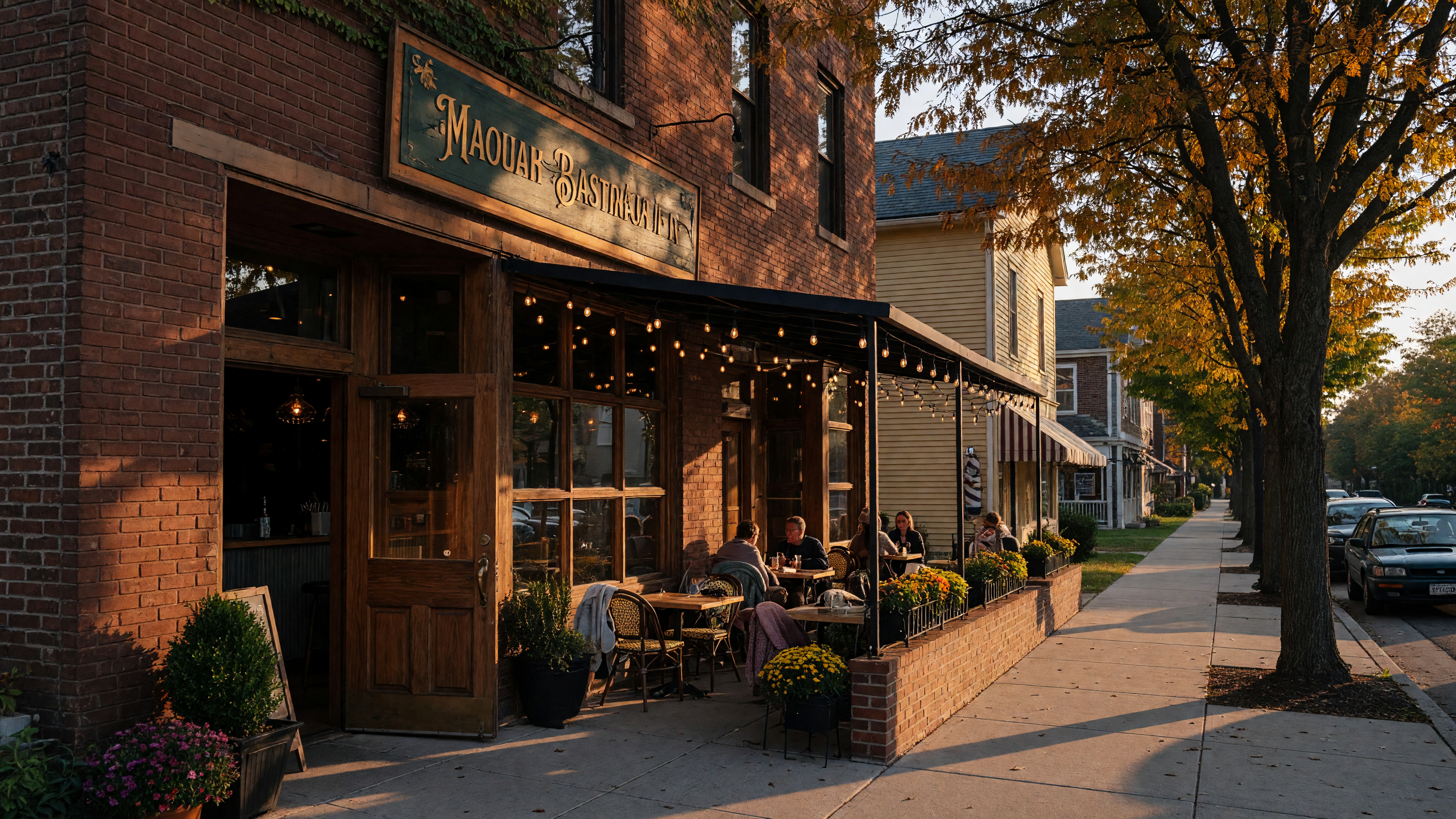 The Union Woodshop restaurant exterior along Main Street in downtown Clarkston, Michigan