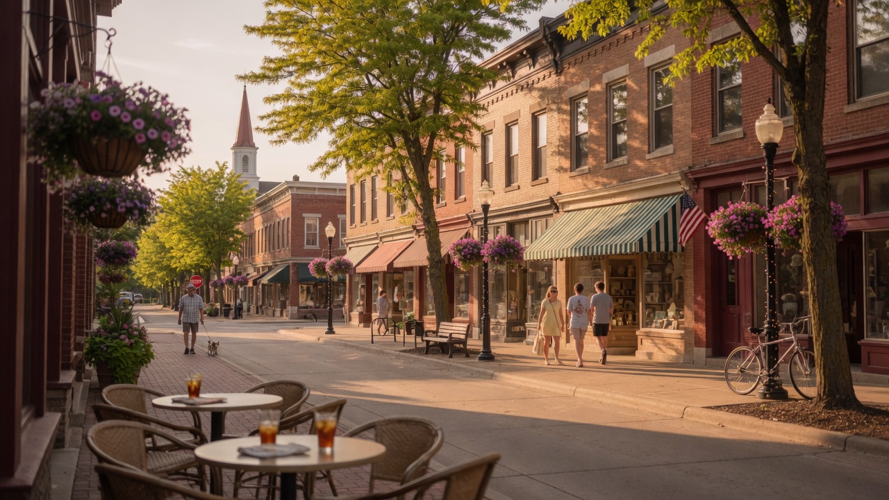 Charming downtown scene in a Michigan town with brick storefronts and tree-lined sidewalks