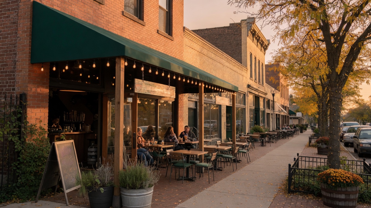 The Fenton Winery & Brewery exterior with outdoor patio seating in downtown Fenton, Michigan