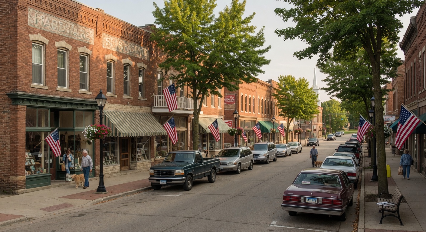 Scenic view of a Shiawassee County town along the river with autumn foliage in Michigan