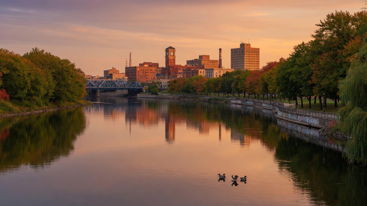 Saginaw River flowing through Saginaw Michigan at sunset with downtown in the background
