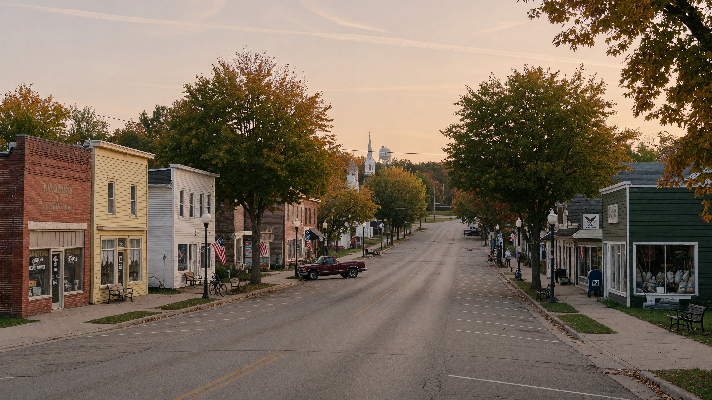 The Shiawassee River flowing through Chesaning Michigan with tree-lined banks