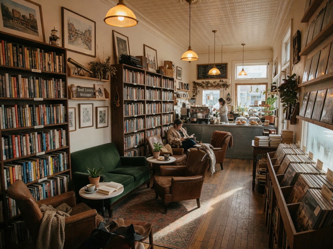 Cozy interior of Totem Books with floor-to-ceiling bookshelves, vinyl records, and warm cafe seating in Flint, Michigan